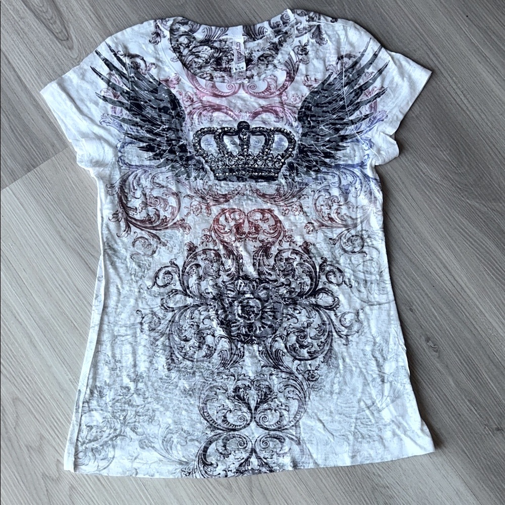 Crystal Saint Women's Tissue Tee Y2K Crown Wing Fitted Rhinestone Moto